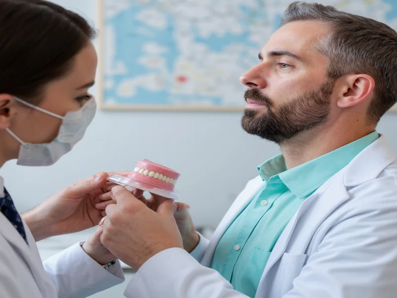 Dentist examining patient's gum health during denture fitting