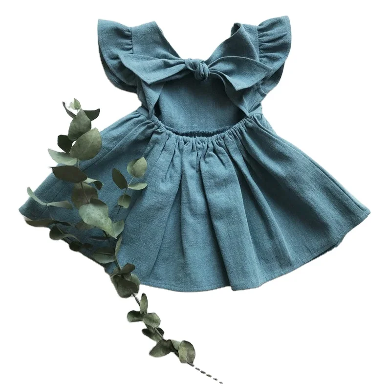 

2020 new girls dress cotton and linen solid color back bow princess dress