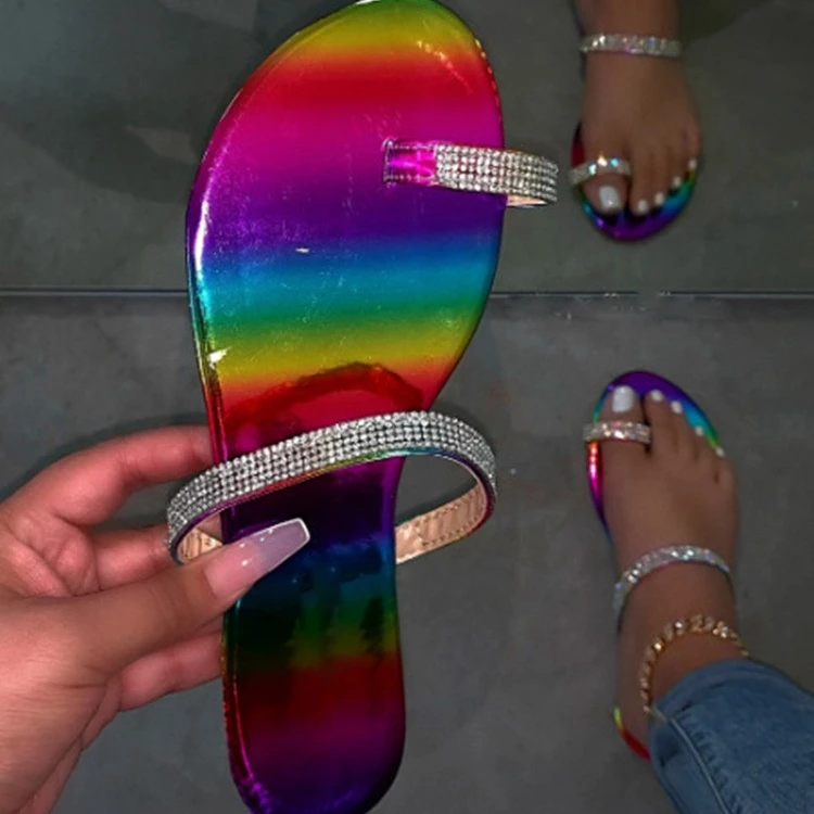 

women rainbow Rhinestone Slippers Flip Flops Crystal Slides Diamond Casual Slip On Shoes Bling Beach Slides women's Sandals