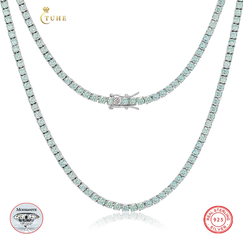 

Fresh Item Iced Out Jewelry Fashion 3mm Green Round Cut VVS Moissanite Diamond Clustered Tennis Chain Necklace For Women