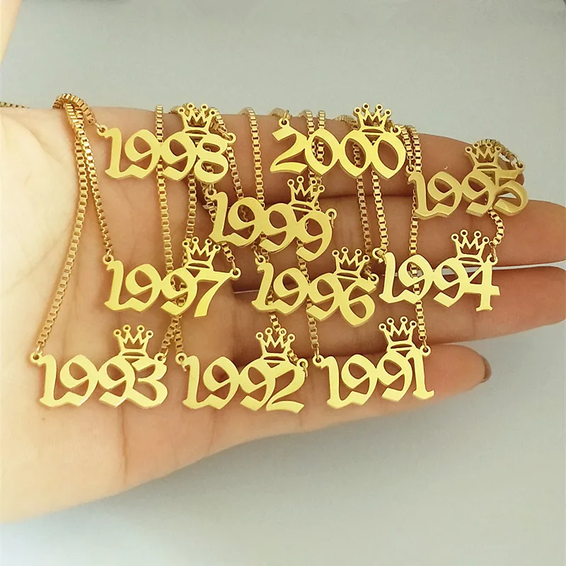 

1990-2020 Stainless Steel Crown Birth Year Necklace Vendor Custom Birth Year Number Pendant 18K Gold Plated BHN082, As the pictures