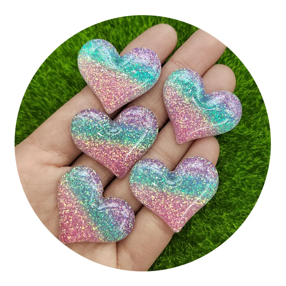 Glitter Heart Flatback Cabochon Rainbow Color Resin Charms for Woman Girls Drop Earring Hair Pin Making Accessories