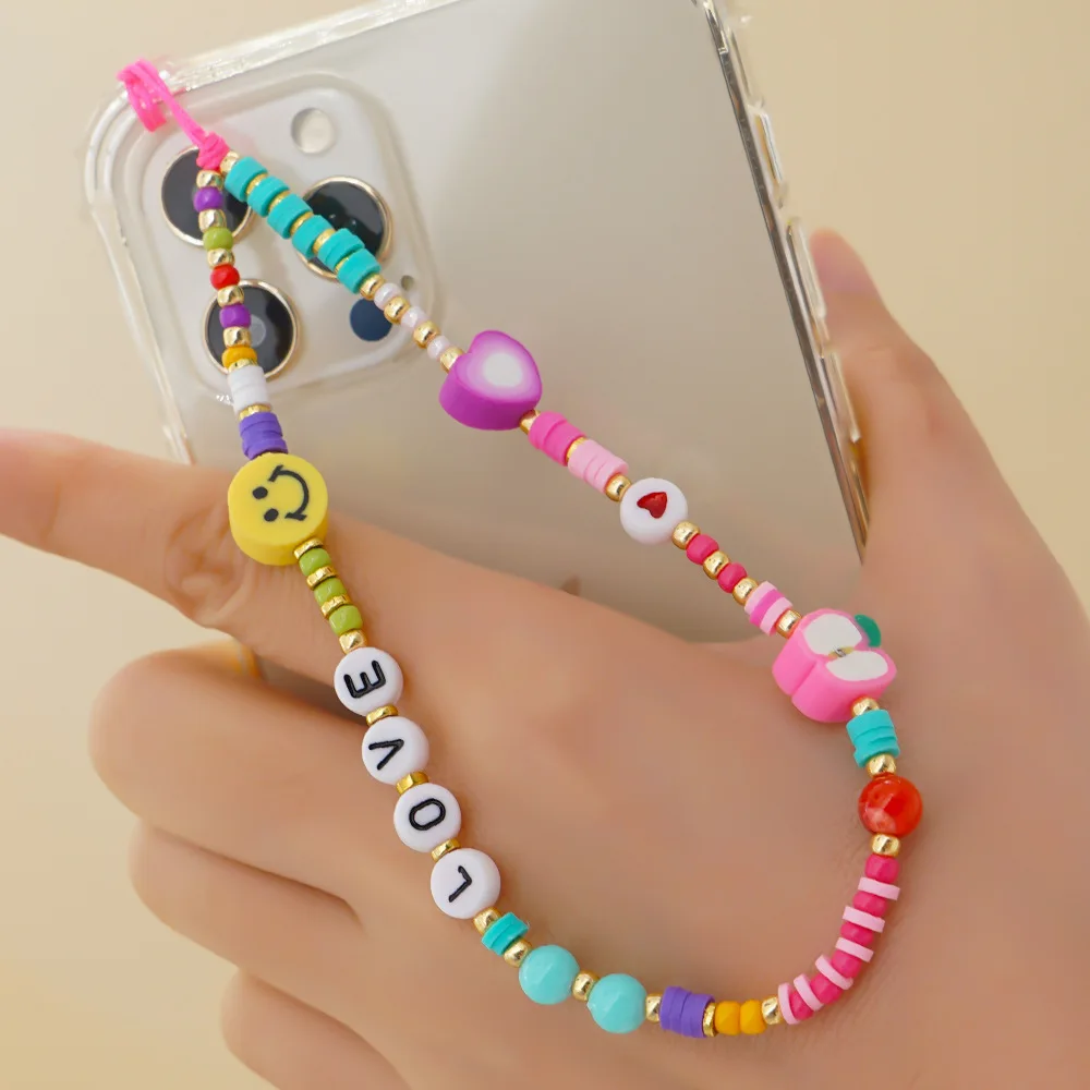 

Polymer Clay Other Mobile Phone Lanyard Colorful Smile Face LOVE Letter Rainbow Soft Boho Anti-lost Beads Phone Strap