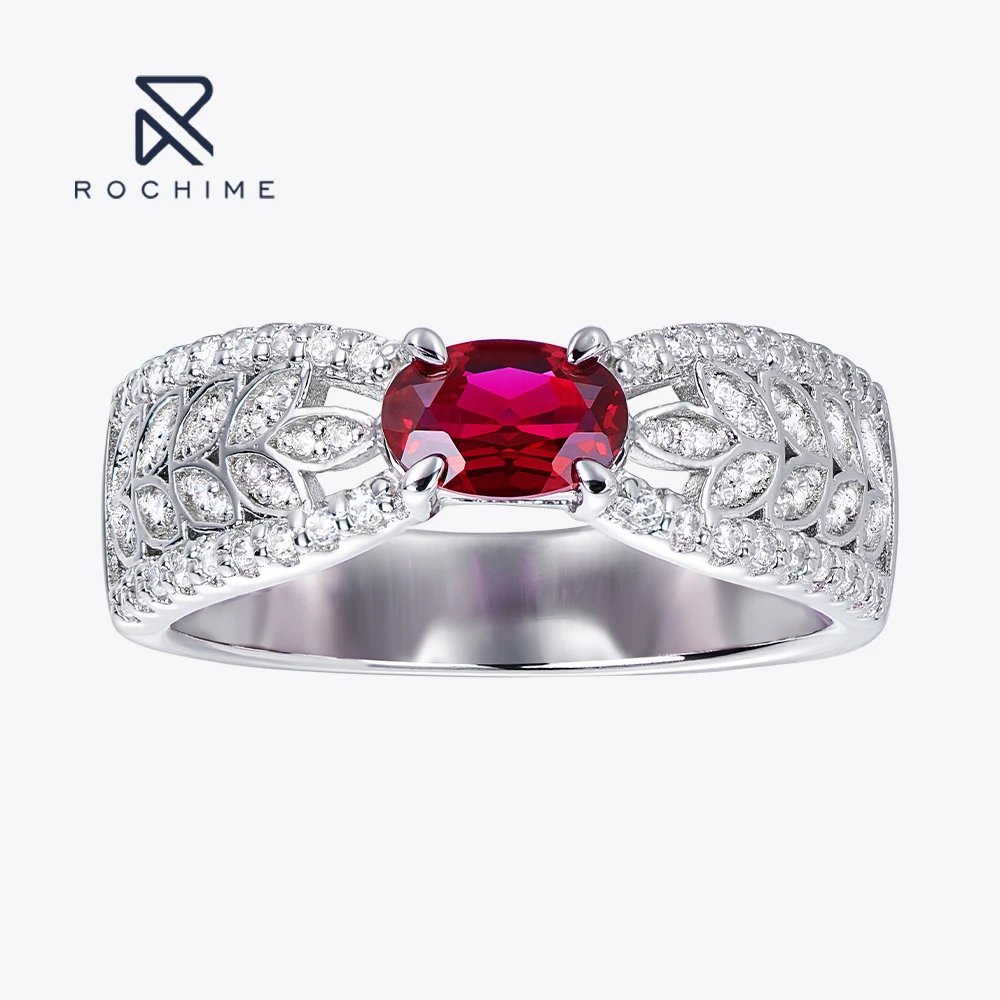 Rochime Luxury Wheat Shape Synthetic Ruby Rings S925 Silver  Rhodium Plated  Jewelry for Women