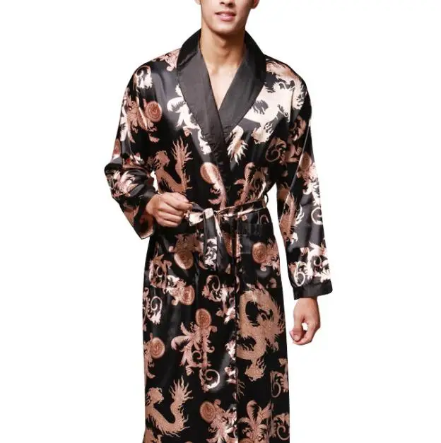 

SHINING Newest Design Chinese Style Silk Satin Robe Nightgown Long Sleeve House Kimono Luxurious Bathrobe, Black/dark blue/wine/grey/camel