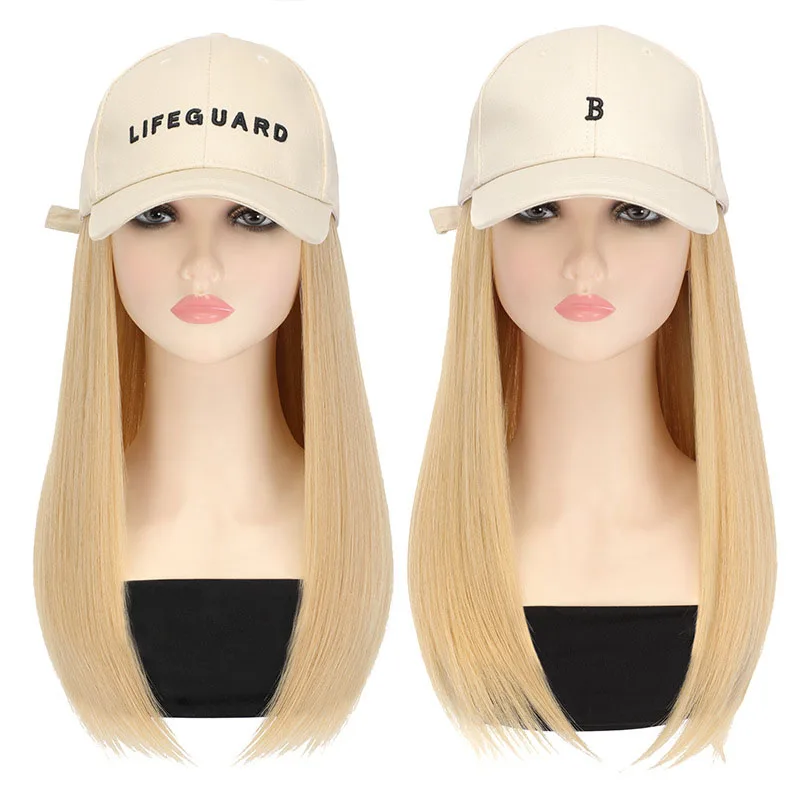 

Blonde Summer 16 inch Baseball Cap hat wig Long Straight Hairpiece Outdoor Travel wig hats hair wigs with hats