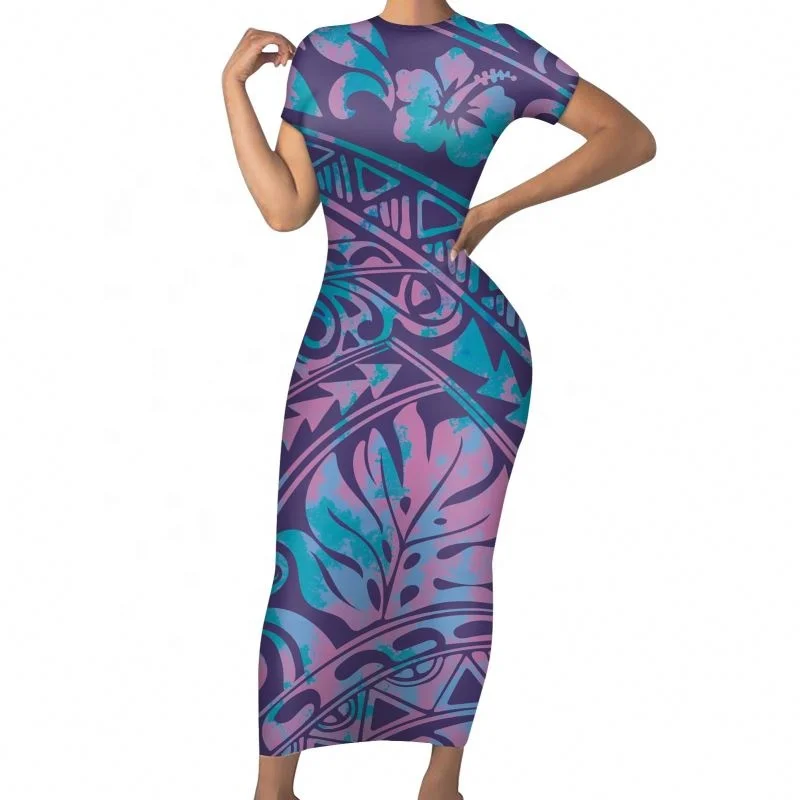 

Custom Plus Size Women Clothing American Samoa Tropical Flowers Style Sexy Women Dress Bodycon Short Sleeve Midi Dress Crew, Customized color