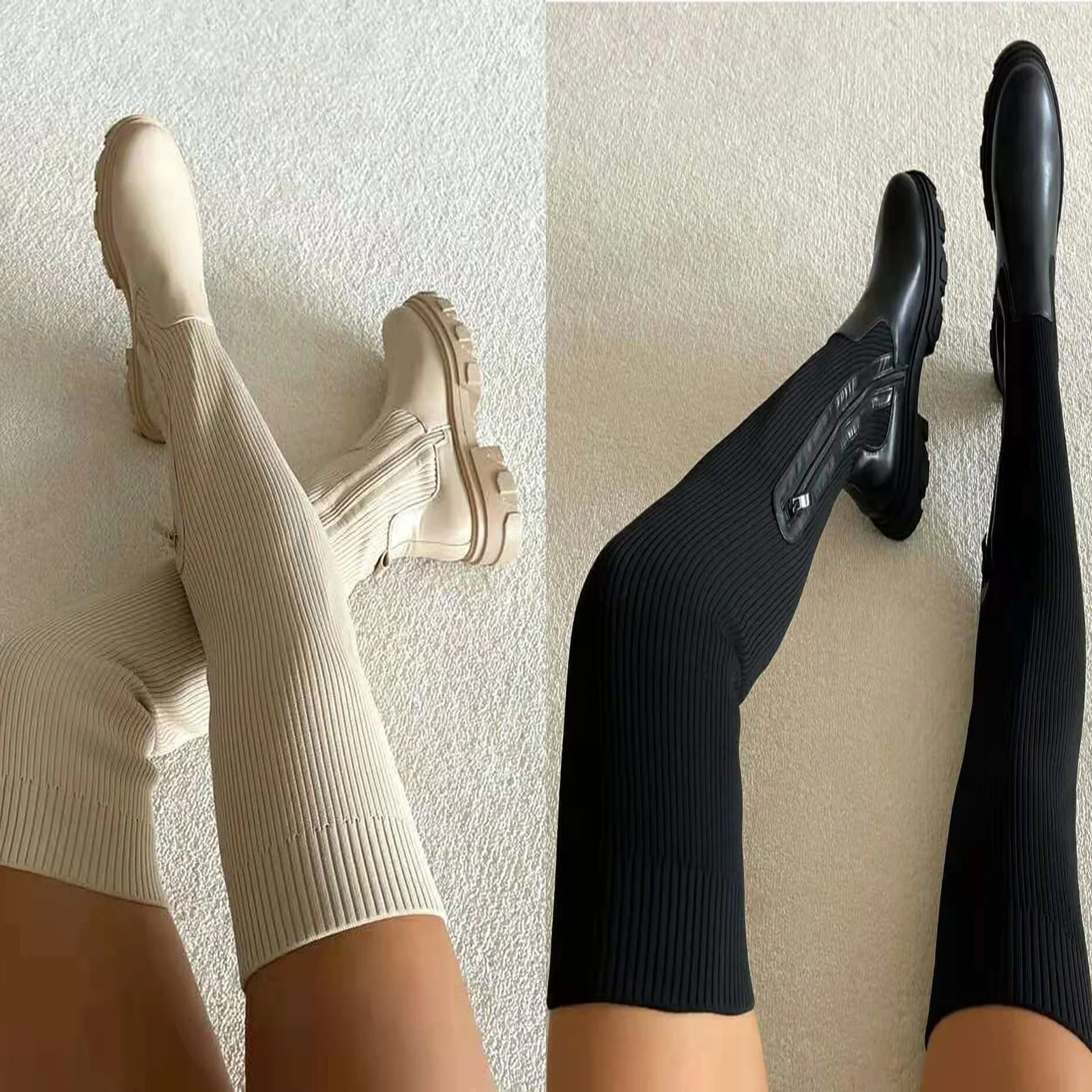 

New Stretch Square Toe Boots stretch knitting Shoes Autumn Ladies Over The Knee Boots Thick Heels Platform Female High Boots