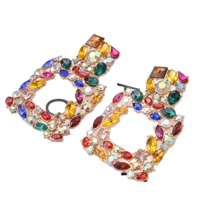 

Personality Multi Color Geometric Crystal Rhinestone Square Large Hoop Earrings Irregular Crystal Hollow Square Pendant Earring