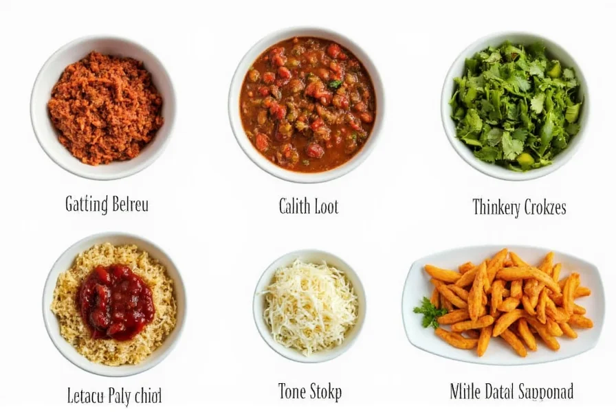 Serving suggestions for ground meat chili with various toppings and side dishes