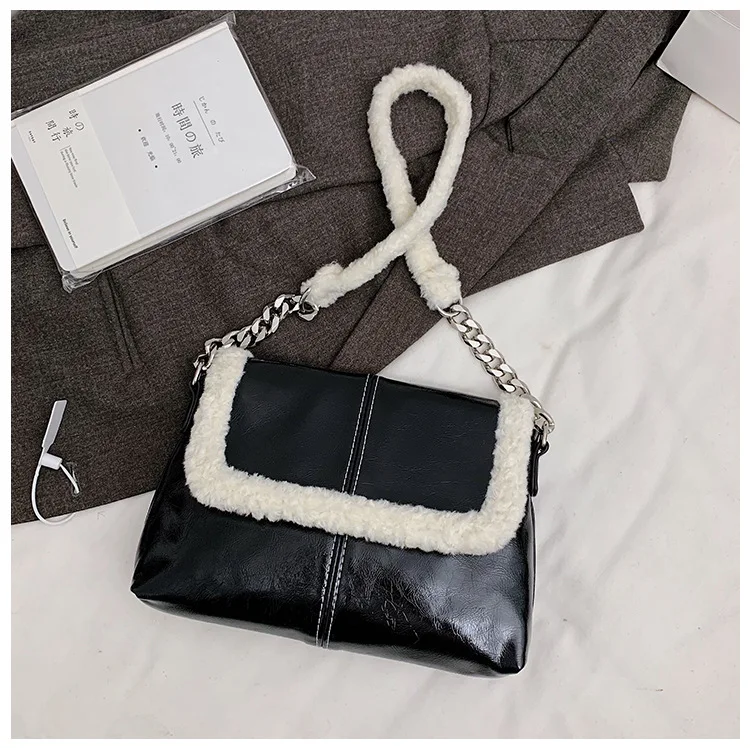 

High Quality British Style Wool Faux Fur Leather Chain Bags Women Shoulder Sling Crossbody Purses and Handbags for Women, 1 color