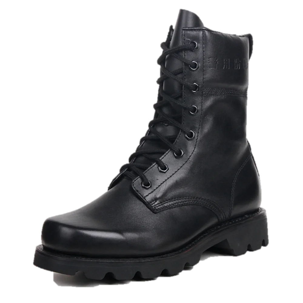 

Chinese black genuine leather policemen work boots with steel toe