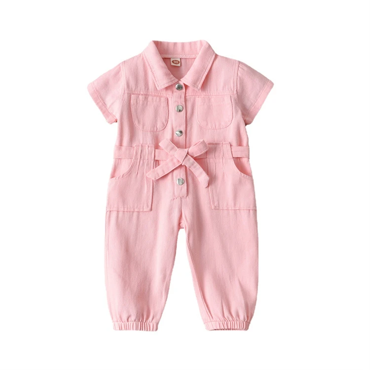 

Summer breathable girls pink denim jumpsuit short sleeve turndown collar little girl romper jumpsuit