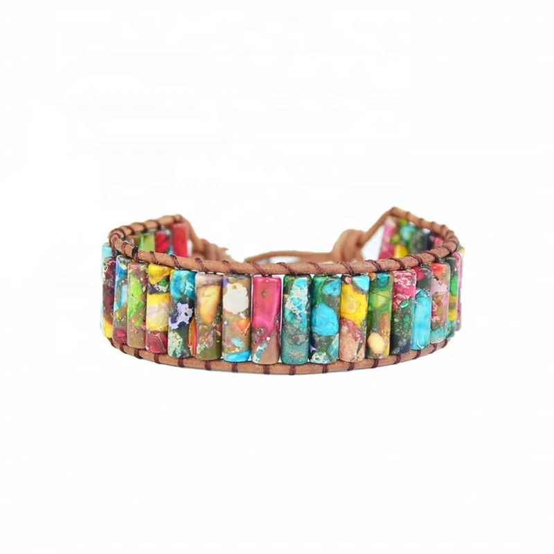 

Natural Multi Color Imperial Jasper Natural Stone Beads Leather Wrap Bracelet Handmade Friendship Bracelets, Multi-colors