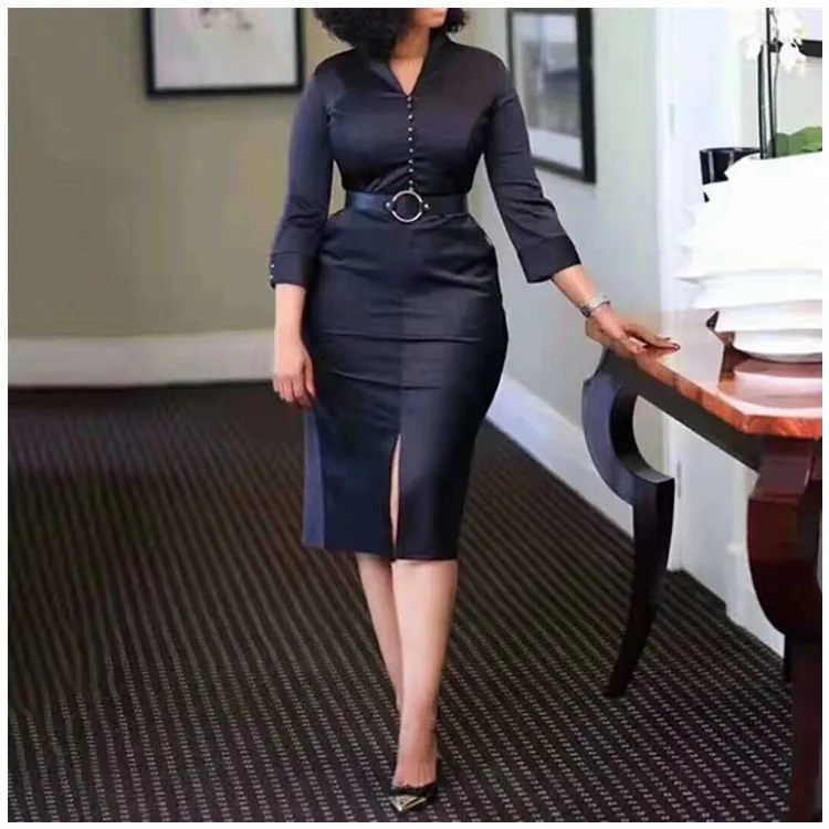 

Hot Sell woman long-sleeved ol dress plus size split office dress with belt