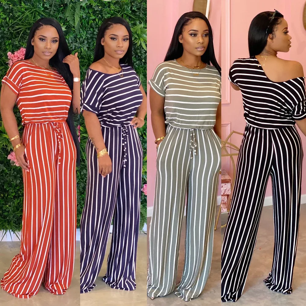 

CS1408 Women fashion 2021 new arrival striped short sleeve drawstrings long pants bodycon jumpsuits rompers, Multi