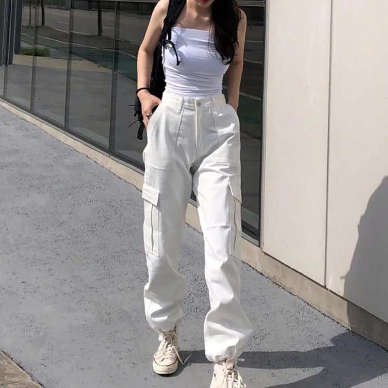 

Wholesale ladies pink overalls with side pocket street wear high waist baggy womens cargo pants, Black, white, pink