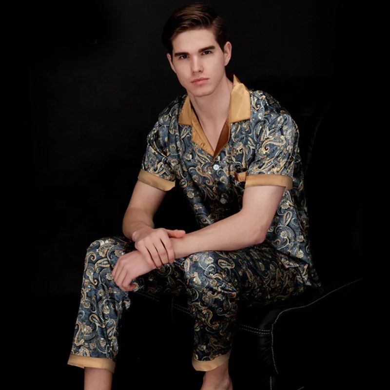 

Spring Summer High Quality Silk Satin Dragon Robe Texture Short Sleeve Long Pants Two piece Sets Home Clothes Pajamas For Men, Navy, coffee