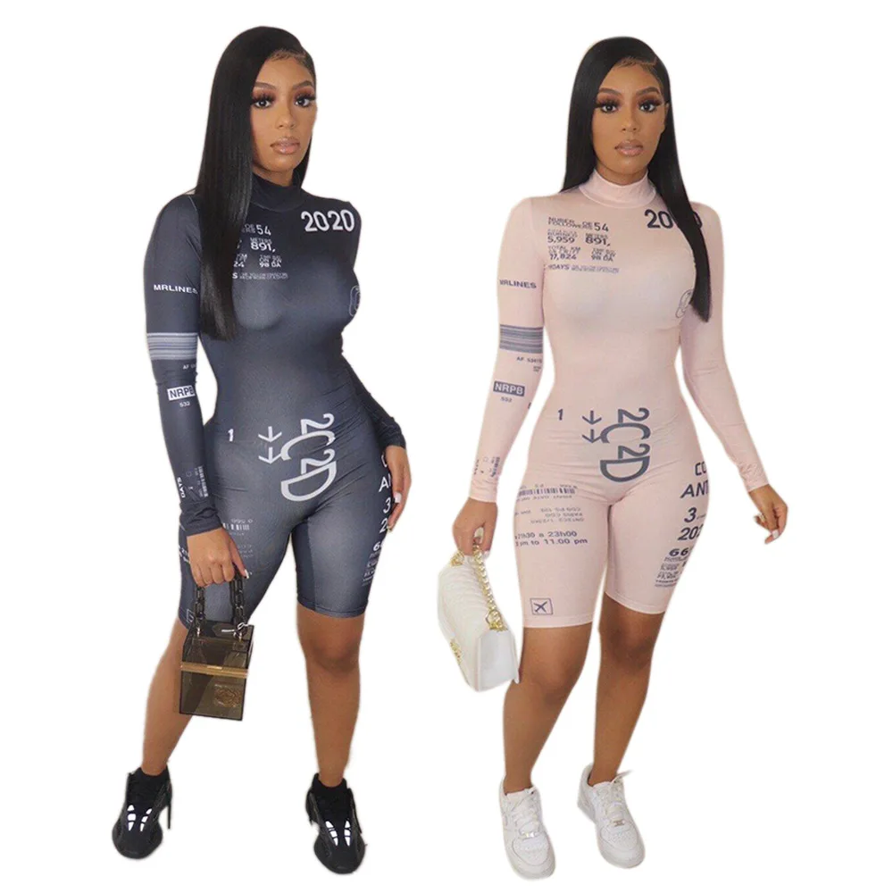 

2021 Spring Womens Clothing Fashion Letter Printed Skinny Short Bodycon Turtle Neck Jumpsuit, As pictures