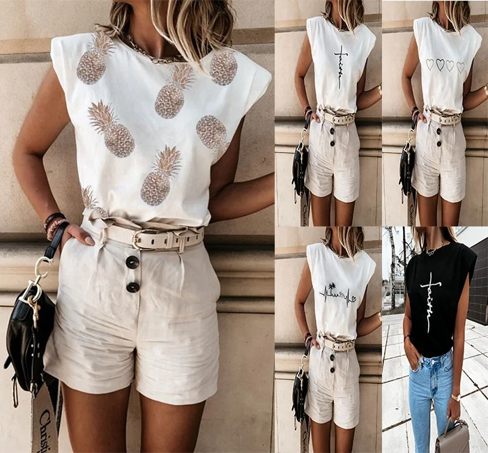 

Summer sleeveless loose shoulder pad short T-shirt blouse