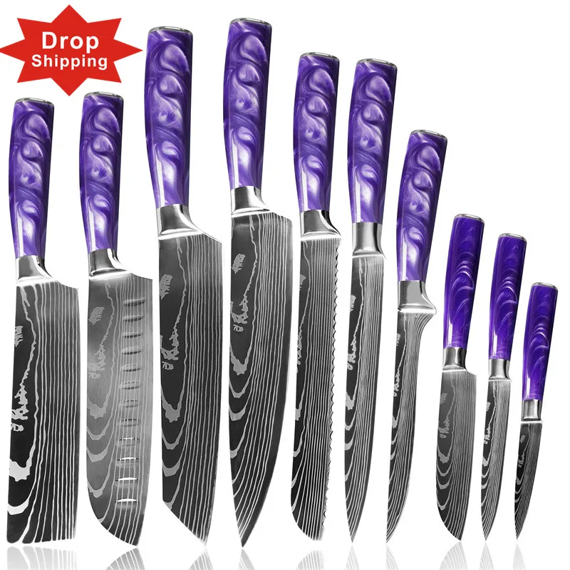 

New Style 10 pcs OEM customized logo fruit steak santoku high-class household kitchenware chef knife set with purple handle