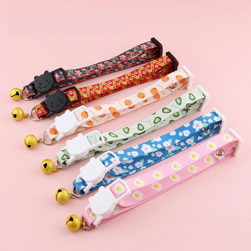 

Fruit Printed Cat Bell Collar Breakaway Buckle Adjustable Polyester Safety Clasp Prevent Suffocation Cat Collar With Bell