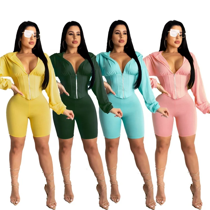 

XHX8546 hot sale hoodie top short pants set sexy sport wear solid color 2021 two piece