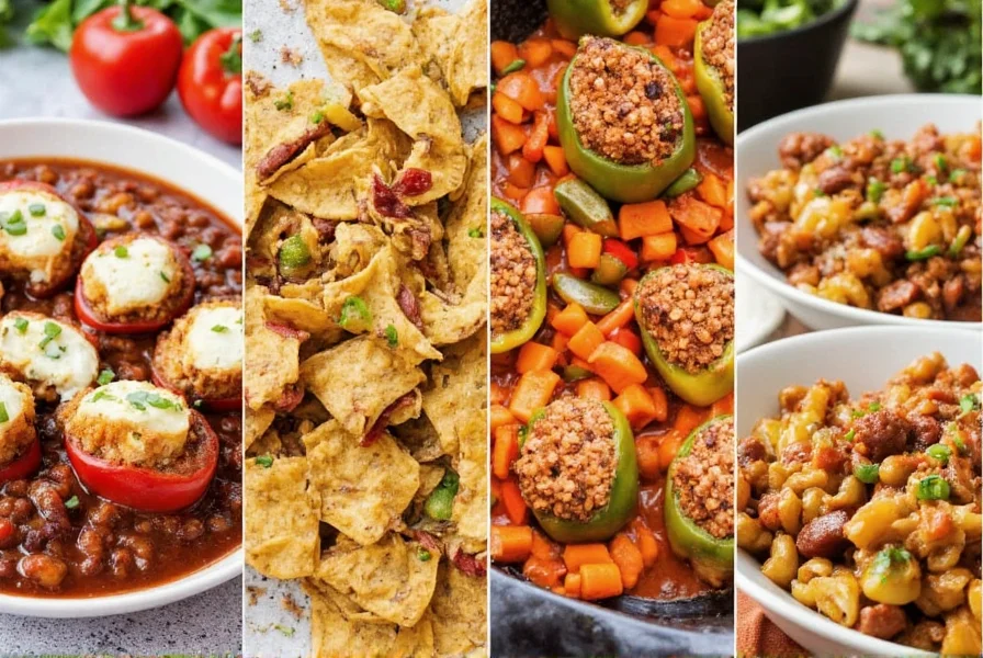 Various dishes made from leftover chili including nachos, stuffed peppers, and chili mac