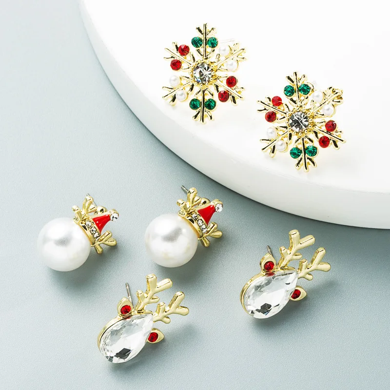 

Christmas jewelry Fashion Color Diamond Alloy Inlaid Rhinestone Christmas Hat Bell Earrings Flower Elk Pearl Earrings