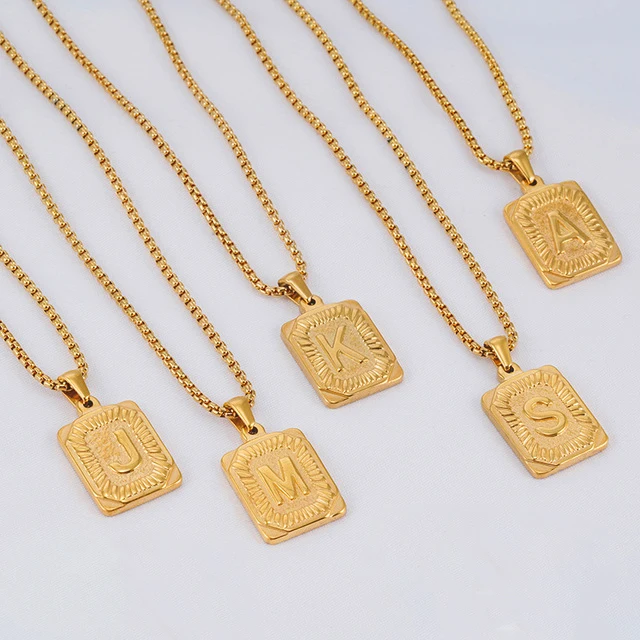 

26 Letters Alphabet Cameo Initial Necklace Textured Square Medallion Gold Necklaces for Women Minimalist Stainless Steel Jewelry