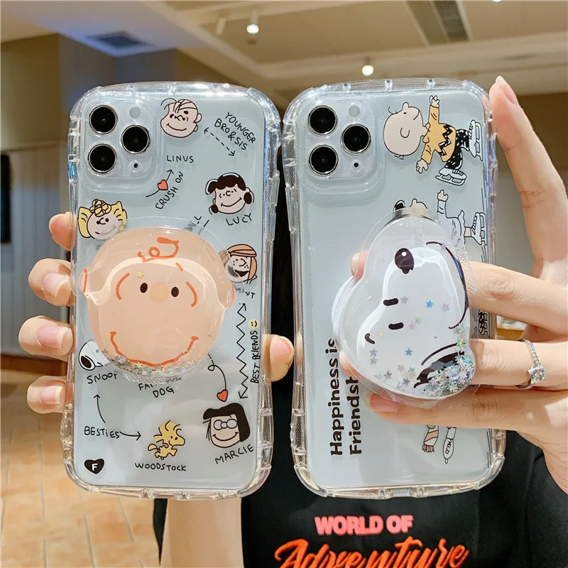 

Wholesale TPU Transparent Anti Fall Phone Case with Liquid Sand Holder Cartoon Charlie Snoopy Mobile Phone Cover for Iphone 11