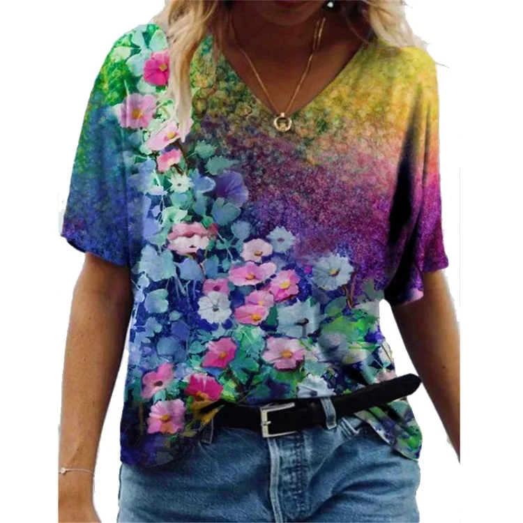 

GP-MYX042 2021 Hot Women Graphic Tees V neck Short Sleeve T-Shirts Fashion Floral Landscape Digital Printing Ladies T Shirts