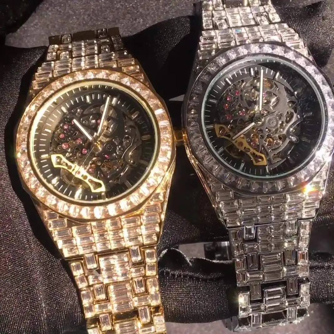 

Hot sale Hip hop men's automatic mechanical watches luxury brand 18k gold plated diamond quartz watches skeleton watch for men, 2 colors