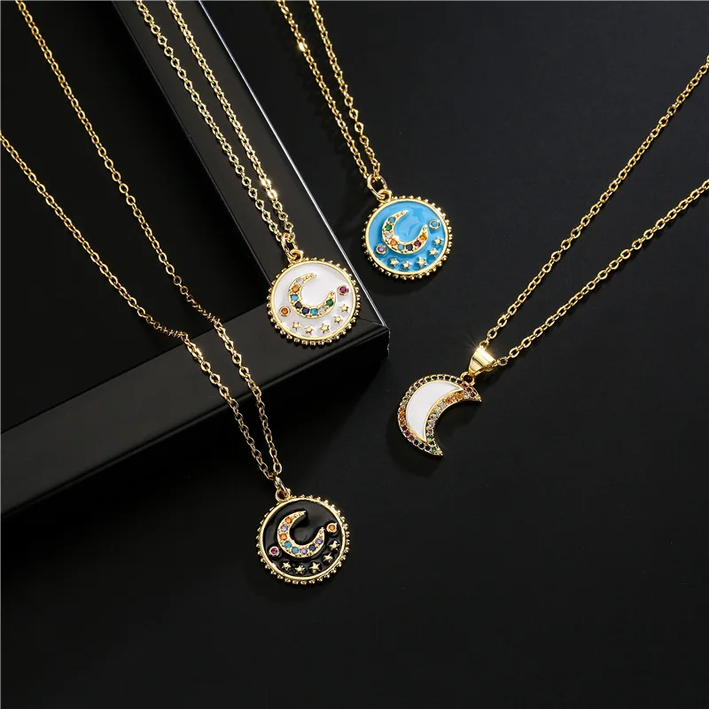 

Real Gold Plated Micro Pave CZ Colorful Moon Enamel Necklaces Cubic Zircon Moon Necklaces Multi Color Diamond Moon Necklaces