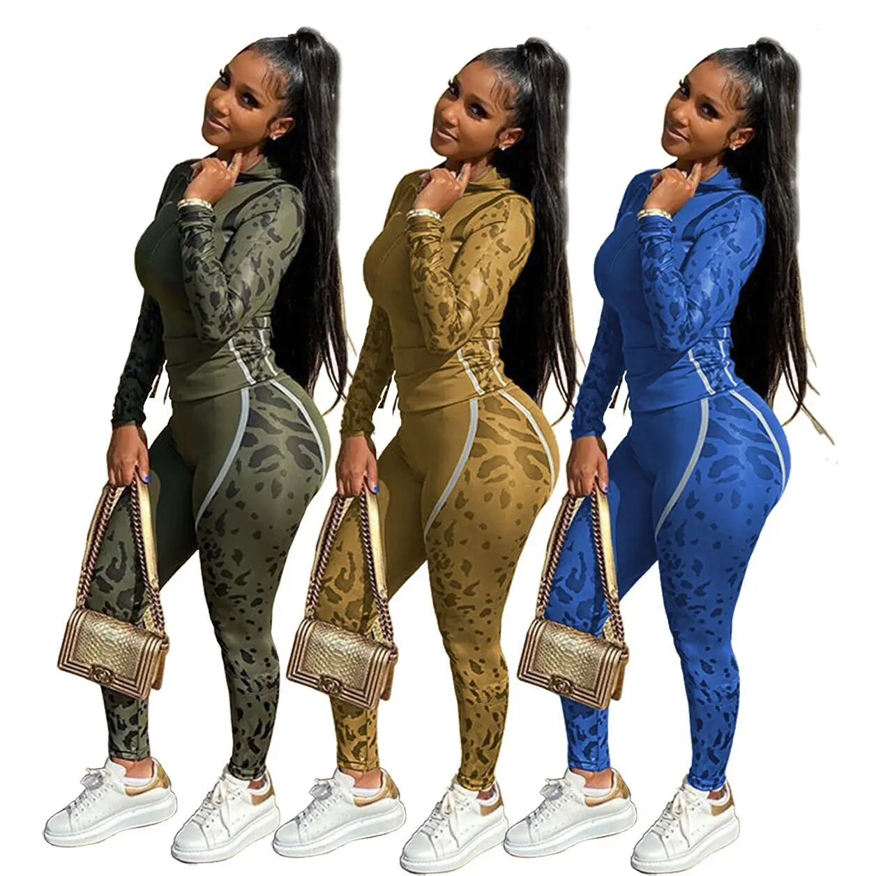 

Free Shipping Fashion Women New Casual Hooded tights camouflage Long-sleeved Printed zipper Women Two-piece Set, Customized color