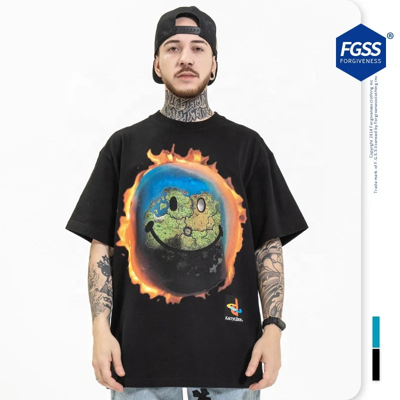 

Men's graphic T shirt Summer new style European and American street fashion street printing loose tie dye T shirt, Black