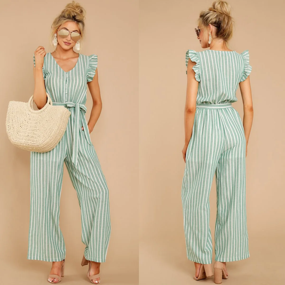 

Hot Sale Striped Wide Leg Long Jumpsuits And Rompers One Piece V Neck Belted Jumpsuit Women, As shown