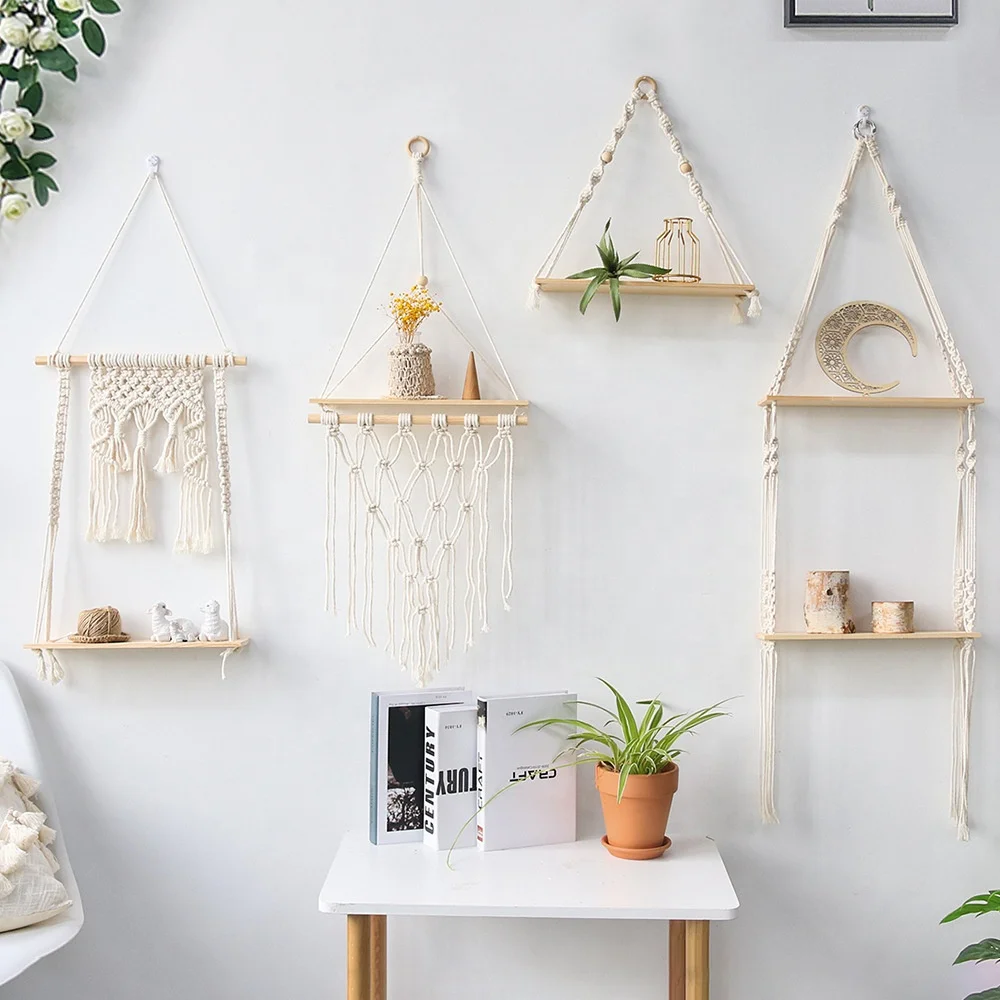 

Macrame Wall Shelf Boho Home Decor Shelves On Wall Candle Holder Floating Shelf for Bedroom Wood Decoration Kids Shelving