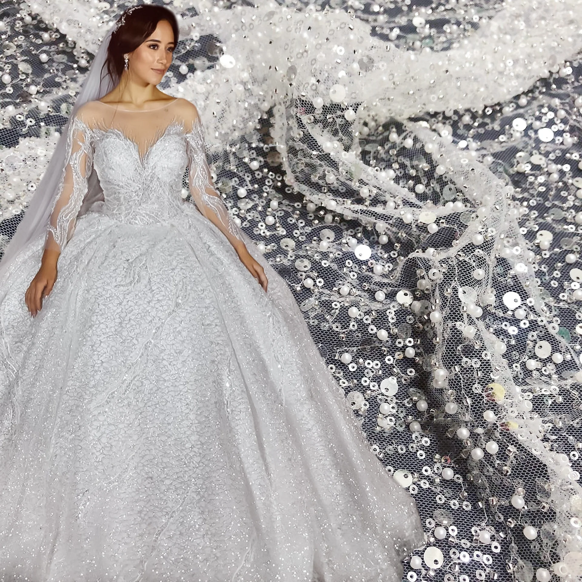 

Tela de encaje con cuentas heavy beaded lace fabric wedding tulle luxury for white weddings dress