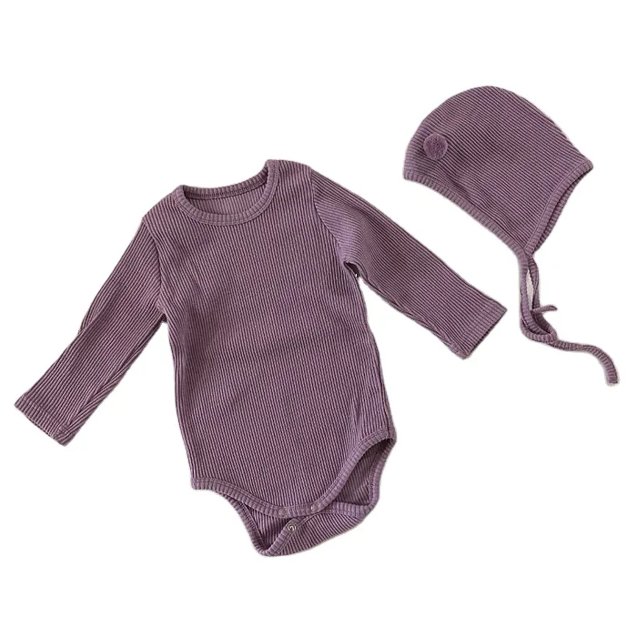 

Autumn 2 Piece Ribbed plain Romper Hat Set 100% Organic Cotton longsleeve Rib Knit newborn baby Jumpsuit Bonnet