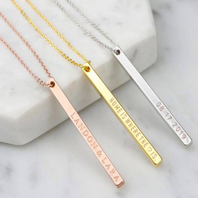 

custom engraved personalized name pendant stainless steel vertical bar necklace, Silver/gold/rose gold/black/custom