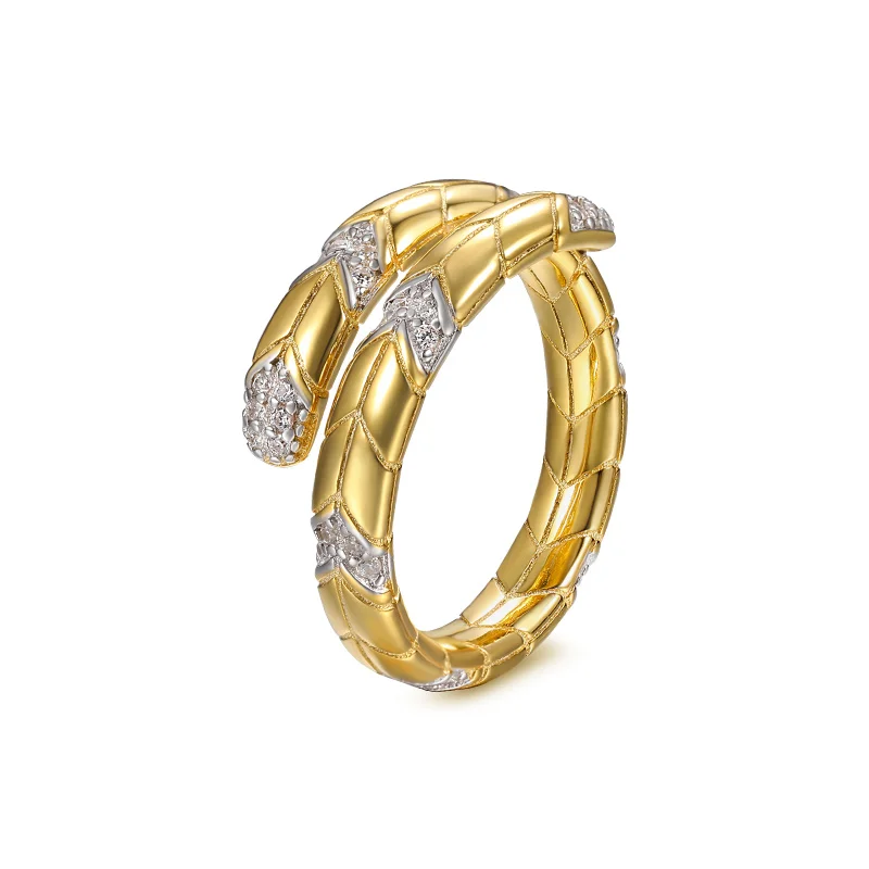 

Metal Style 925 Sterling Silver 18K Gold Plated Two Tone Color Zircon Setting Irregular Open Rings Adjustable