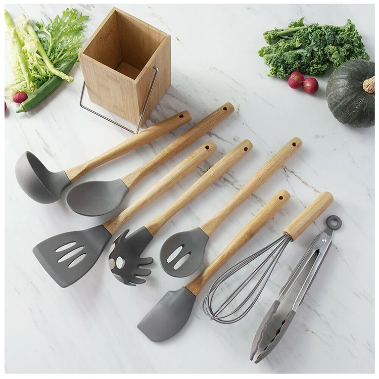 

Good sale on stock silicone wooden nostick cooking pots and kitchen utensils, Grey