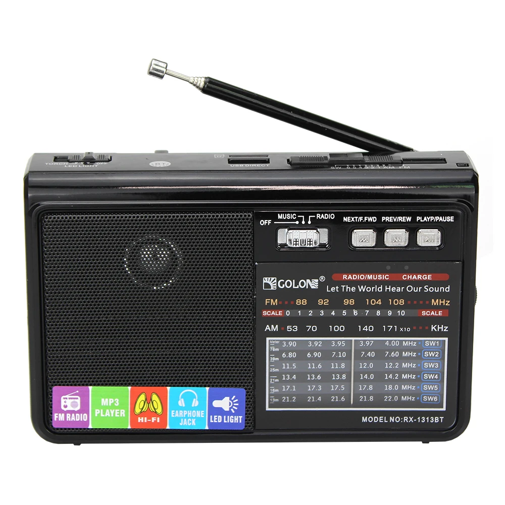 

Golon Black/Red BT Mp3 DC 5V Rechargeable FM/AM/SW1-6 8 Bands Portable Radio With USB/TF Led Light RX-1313BT, Red/black