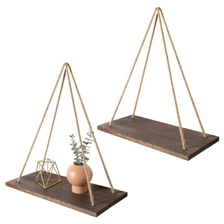 Rustic Wood Rope Hanging Plant Shelves For Home Decor