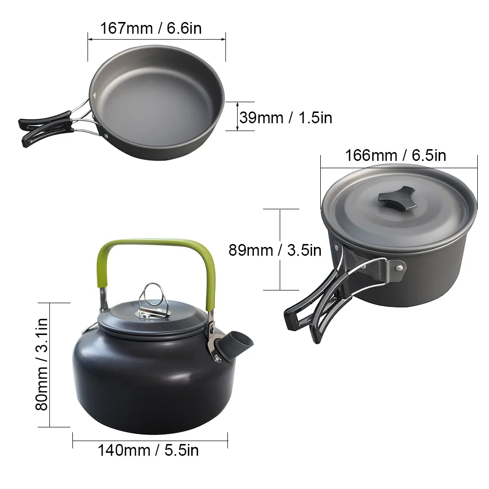 

3pcs/Set Ultra-light Aluminum Alloy Camping Cookware Utensils Outdoor Cooking Teapot Picnic Tableware Kettle Pot Frying Pan, Black,green,orange handle