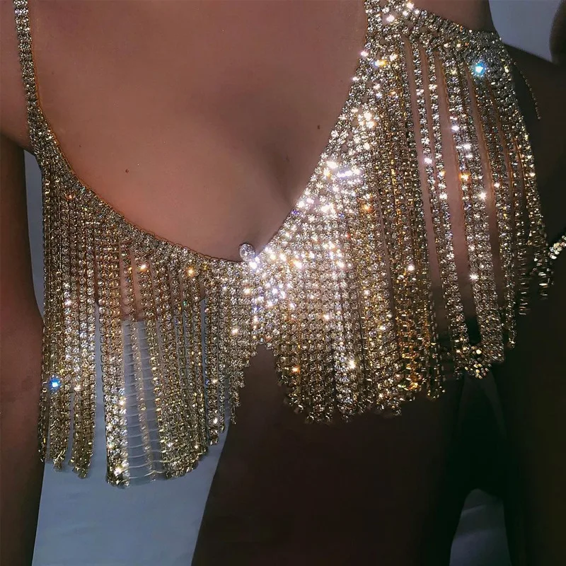 

Women Sexy Lingerie Crystal Tassel Body Chain Bra Harness Jewelry Bling Rhinestone Bikini Bra Chest Body Chain (SK1339), Gold/silver