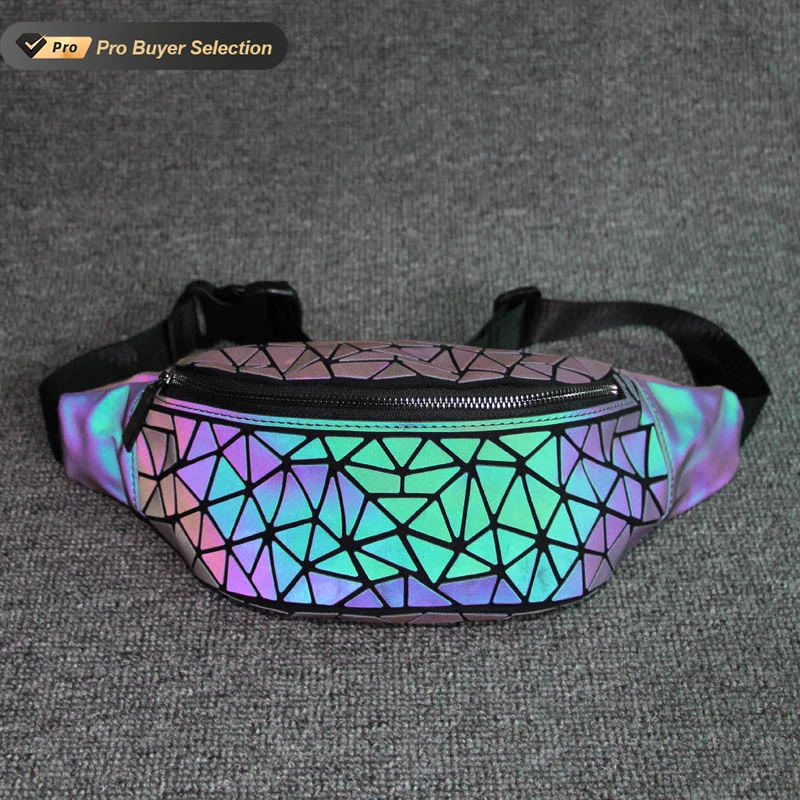 

KALANTA Holographic Women Pink Silver Fanny Pack Female Belt Bag Black Geometric Waist Packs Laser Chest Phone Pouch Water Proof