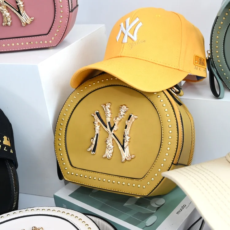 

2021 ny hat and purse set pu leather round ny purses yankees purse and hat, 6 colors