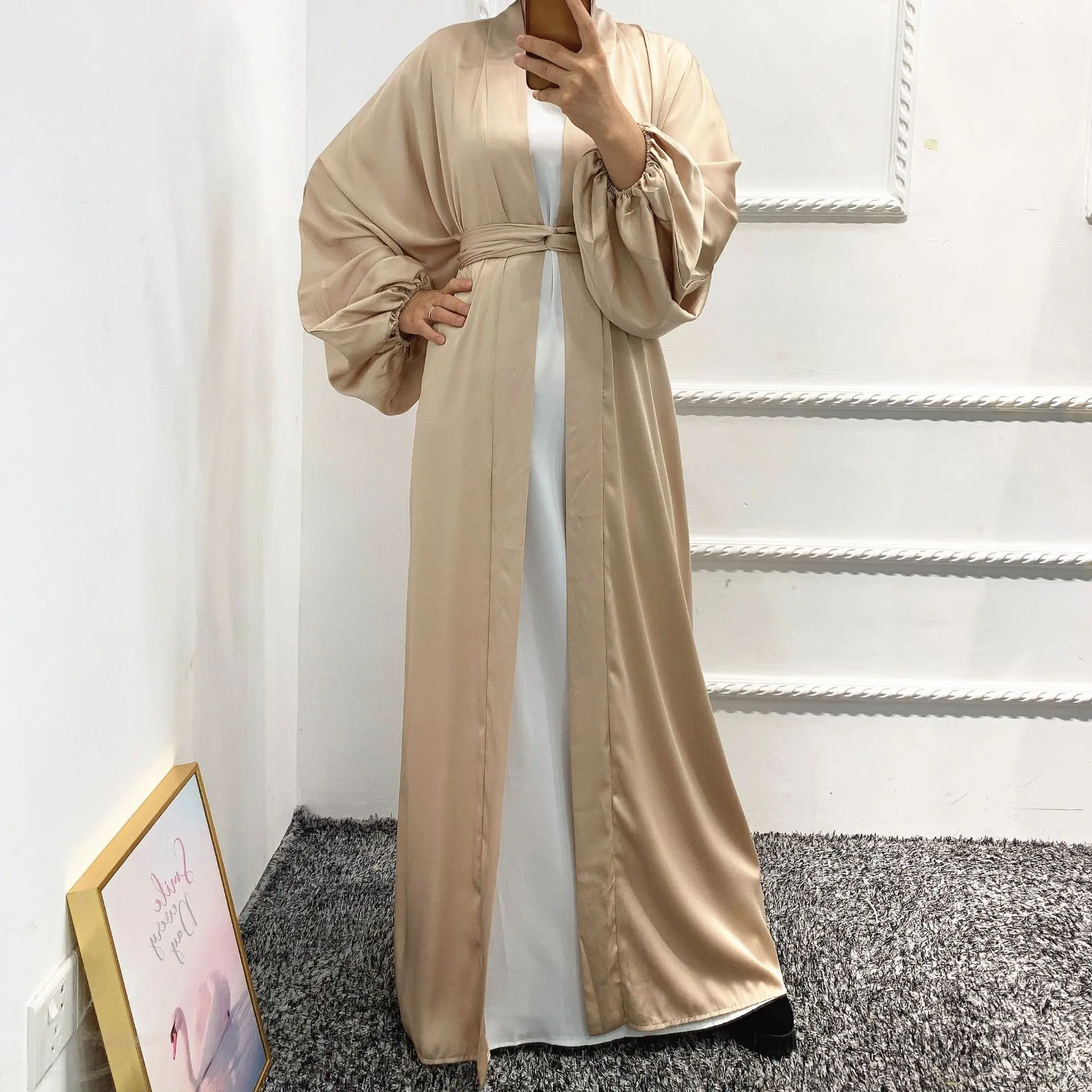 

New Maxi Modern Muslim Clothing Woman Puff Sleeve Open Front Abaya Dubai Women